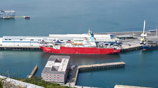 The Bibby Stockholm immigration barge in England, part of a contract for Australia’s Corporate Travel Management.