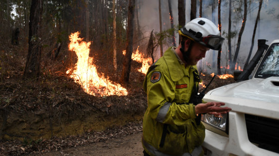 Rural Fire Service volunteers burning containment lines ahead of the fire front at Burrill Lake on Sunday.