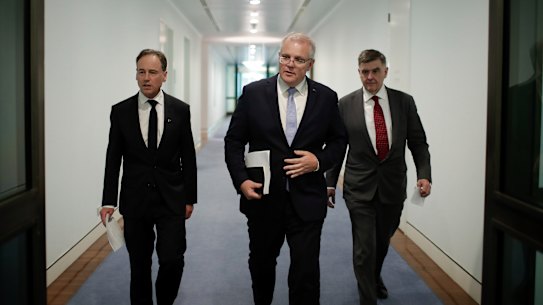 Minister for Health Greg Hunt, Prime Minister Scott Morrison and Chief Medical Officer Professor Brendan Murphy. 