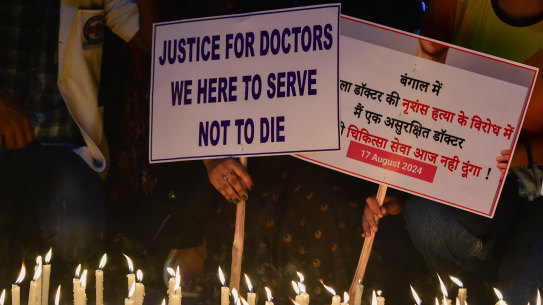 Senior and Resident doctors take part in a candlelight march during a protest and nationwide strike against the rape and murder of the woman doctor at Kolkata’s RG Kar Medical College and hospital in Allahabad, India.