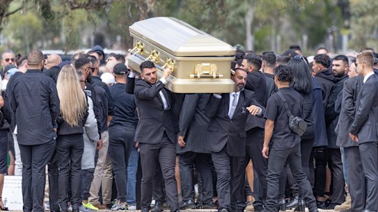 A golden casket for the funeral of slain underworld dictator Sam Abdulrahim aka The Punisher at Fawkner Cemetery North Memorial Park