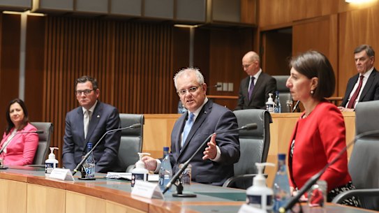 Victoria's Daniel Andrews (left) and NSW Premier Gladys Berejiklian (right) want to discuss with Prime Minister Scott Morrison ways to safely bring seasonal workers and international students to Australia.