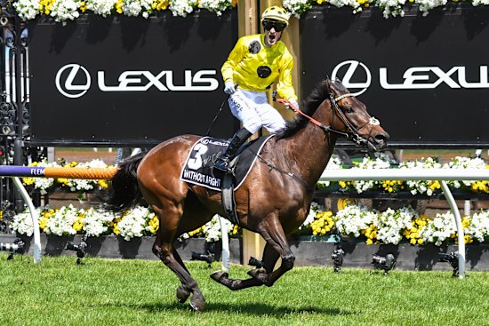 Without A Fight, ridden by Mark Zahra, wins the Melbourne Cup.