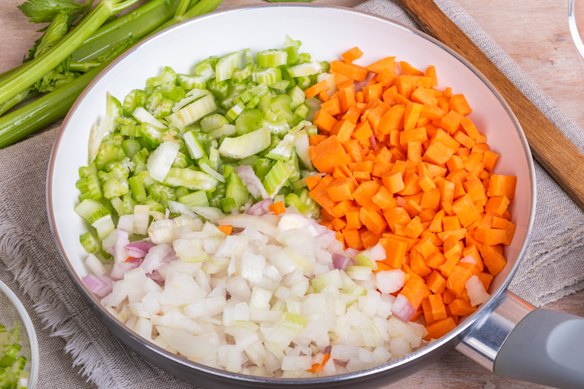 A classic mirepoix featuring celery, carrot and onion.