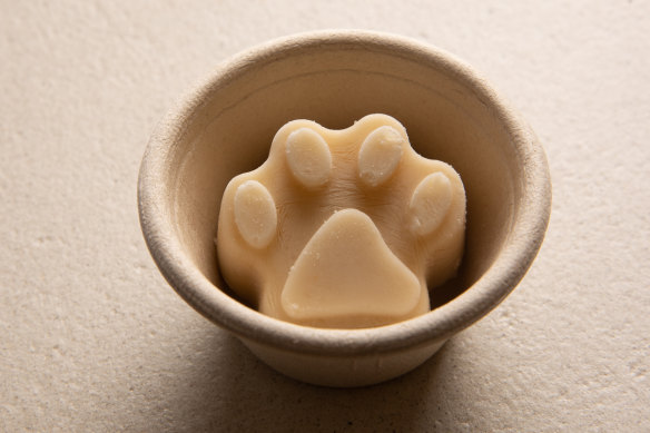 Paw-shaped frozen yoghurt, peanut butter and banana doggy treat.