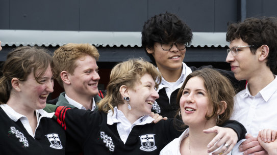 South Sydney HSC students (from left) Ruby Fletcher, Drew Kelso, Spyder Shkolnik, Tergel Baasanjav, Bessie Kleiman, and Elliot Ross.