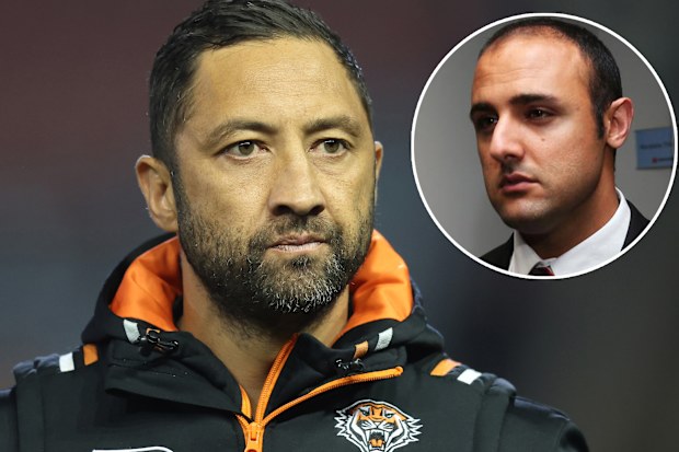 Tigers coach Benji Marshall and player agent Isaac Moses.
