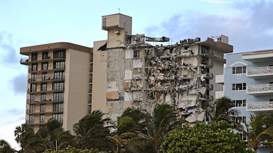 Sinking in the 1990s: debris dangles from Champlain Towers South Condo after the multistory building partially collapsed.