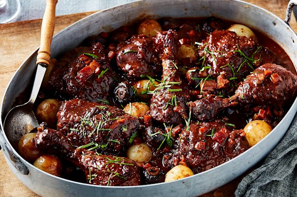 Adam Liaw’s coq au vin has a rich, glossy wine-based sauce.