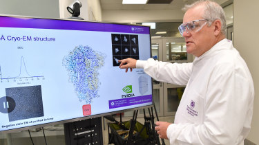 Prime Minister Scott Morrison during a tour of the University of Queensland's vaccine lab in Brisbane last month.