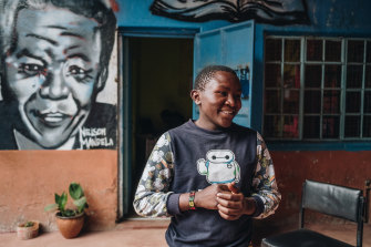 Johnian Njue, 17, who was unable to access remote classes when schools closed because his home has no internet and patchy electricity, in Nairobi, Kenya.