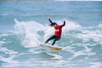 Pauline Menczer surfs at Bells Beach in 1996.