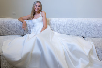 Stephanie Taylor tries on some gowns at Kyha Studios in South Yarra ahead of her March wedding.