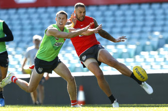 Matthew Ling and Lance Franklin at training this week.