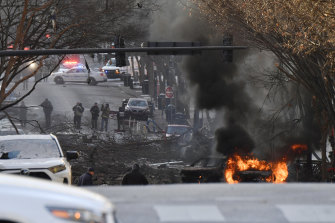 A vehicle is on fire after an explosion in downtown Nashville.