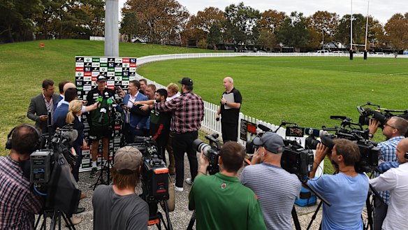 Master class: Wayne Bennett holds court at Erskinville Oval on Wednesday.
