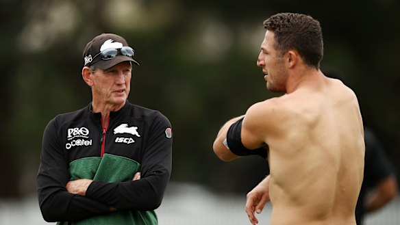 Wayne Bennett speaks to Sam Burgess.