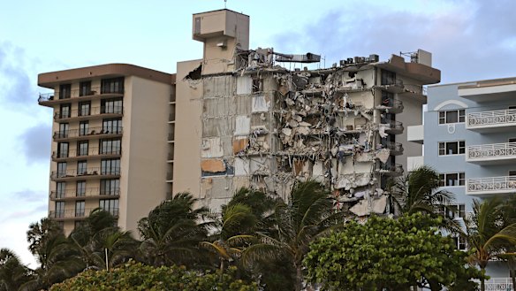 Sinking in the 1990s: debris dangles from Champlain Towers South Condo after the multi-storey building partially collapsed.