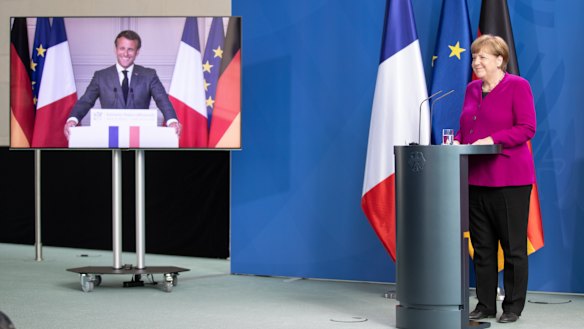 French President Emmanuel Macron and German Chancellor Angela Merkel announce the proposal during a virtual joint press conference.