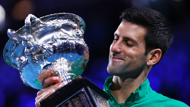 Novak Djokovic with the Norman Brookes Challenge Cup after winning the 2020 Australian Open.