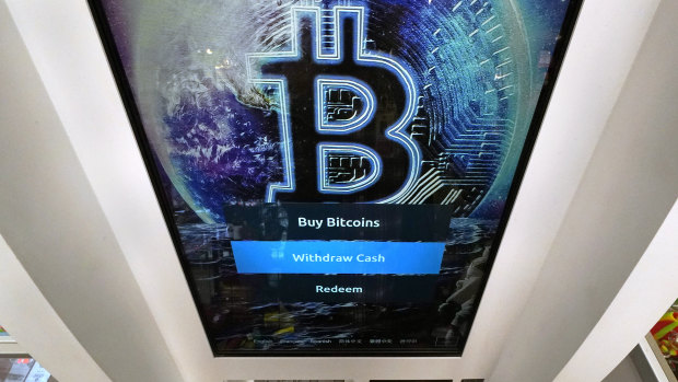 The Bitcoin logo at a store in Salem, New Hampshire. 