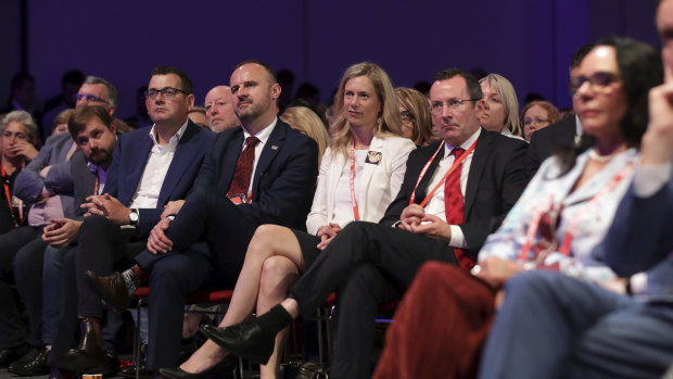 Premier of Victoria Daniel Andrews, ACT Chief Minister Andrew Barr, Tasmanian Opposition Leader Rebecca White and WA Premier Mark McGowan during the first day of the Australian Labor Party Conference at the Adelaide Convention Centre on Sunday.