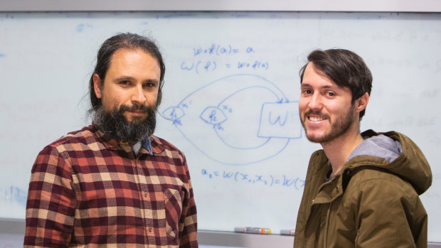 UQ physicist Dr Fabio Costa (left) with student Germain Tobar.