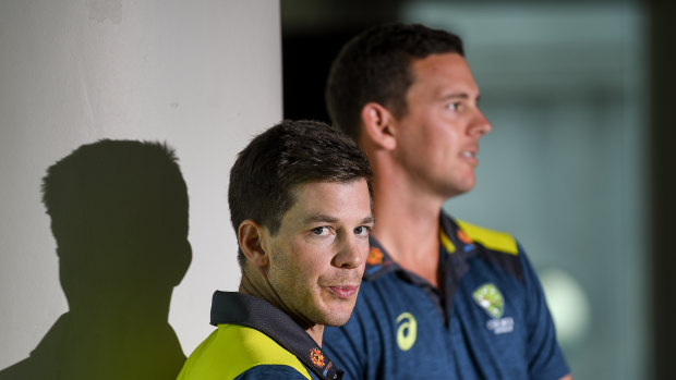 Test captain Tim Paine with vice captain Josh Hazlewood at the press conference on Monday.