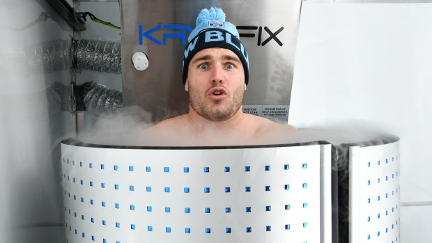 Deep freeze: Angus Crichton enjoys use of Kryofix's mobile cryotherapy chamber, thanks to a deal with the company giving the Blues exclusive rights.