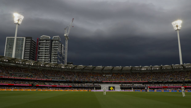 Storm clouds approach the Gabba on Wednesday afternoon.