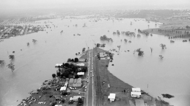 An aerial view of the floodwaters on January 28, 1974.