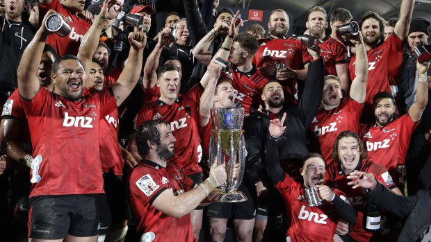 The Crusaders celebrating their 2018 Super Rugby triumph.