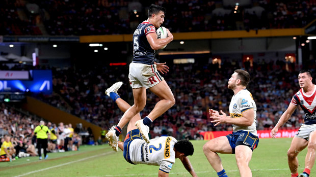 Flying high ... Joseph Suaalii scores against Parramatta.