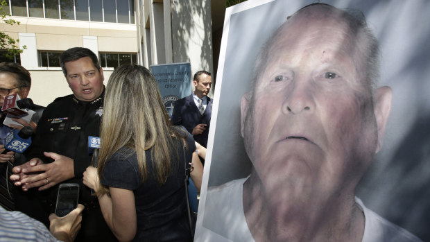 Sacramento County Sheriff Scott Jones, left, talks to reporters about the arrest of Joseph James DeAngelo, seen in a photo, on suspicion of committing a string of violent crimes in the 1970s and 1980s.