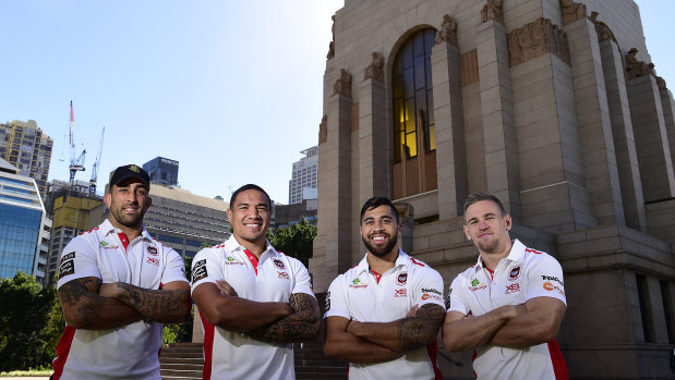 Tribute: Paul Vaughan, Tyson Frizell, Pereira  and Matthew Dufty at Hyde Park's ANZAC Memorial.