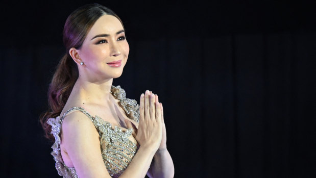 JKN Global Group chief Jakapong “Anne” Jakrajutatip arrives on stage during an event in Bangkok in November to mark her company’s acquisition of the Miss Universe Organisation.