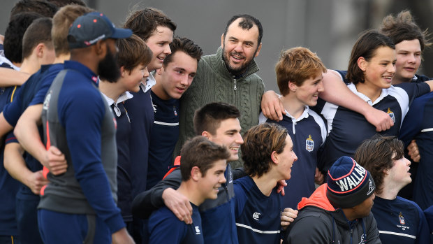 Schooled: Cheika announced an unchanged Australia line up at Melbourne Grammar School on Thursday. 