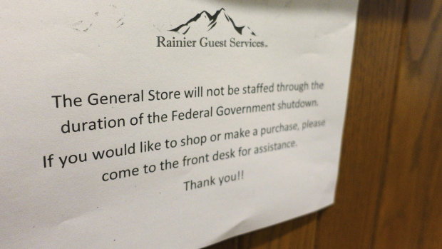 A sign at the National Park Inn at Longmire at Mount Rainier National Park in Washington.