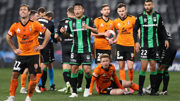 Brisbane Roar players (orange) during the A-League Elimination Final match against Western United at Bankwest Stadium in Sydney on August 23, 2020. The Roar lost 1-0, which ended their A-League season.