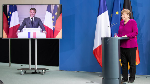 French President Emmanuel Macron and German Chancellor Angela Merkel announce the proposal during a virtual joint press conference.