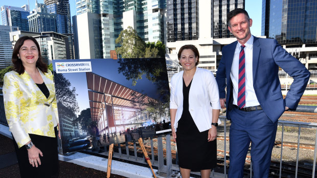 Premier Annastacia Palaszczuk (left), Deputy Premier Jackie Trad (centre) and Transport Minister Mark Bailey (right) announced the companies who will build the Cross River Rail project on Thursday above Roma Street Transit Centre.