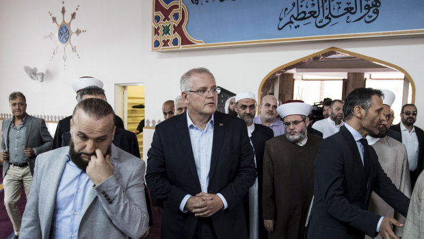 Prime Minister Scott Morrison visits the Lakemba Mosque following the terrorist attack in Christchurch