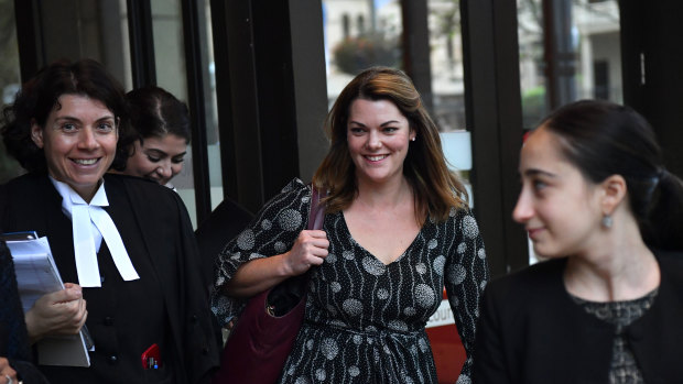Greens Senator Sarah Hanson-Young (centre) and her barrister, Sue Chrysanthou SC (left) outside court.