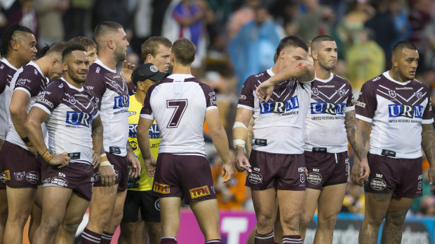 Rallying the troops: Manly's Daly Cherry-Evans speaks to teammates during their match against Wests Tigers.