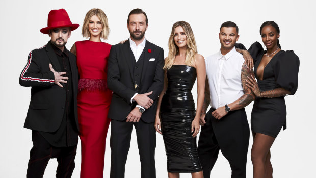 Boy George, Delta Goodrem (left) and Guy Sebastian and Kelly Rowland (right) are all returning as coaches on The Voice.