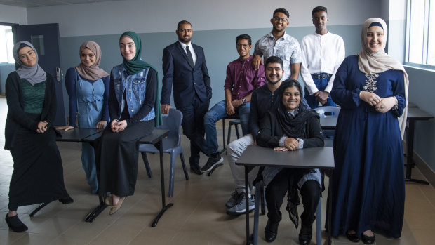 Al-Faisal College's stars of HSC maths:  Aisha Duncan , Sadan Taher, Joanne Zreika, Head Maths teacher Mohamad Jamal, Muneeb Zafar, Haiwad Rashtia, Tabeeb Bin Mashiur, Safa Rashid, Ibrahim Shukri and dux Dania Al Rifai.  