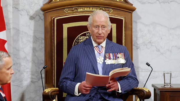 King Charles delivers the speech from the throne in the Senate in Ottawa, Ontario.
