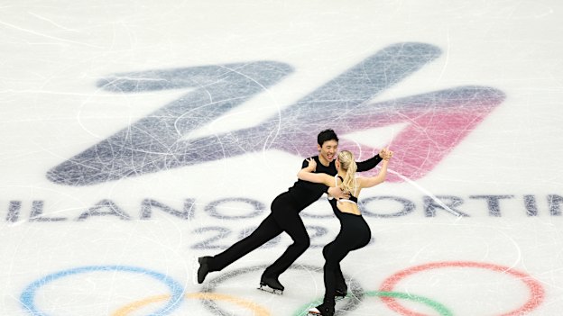 Holly Harris and Jason Chan train at the Milano Ice Skating Arena on Thursday.