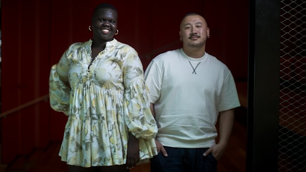 Models Bedi Othow and Mikey Nguyen at the Melbourne Fashion Festival.