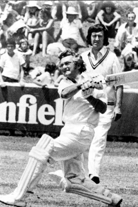 Mr. Bob Hawke lashes out during his innings of 54 at Drummoyne yesterday. January 8, 1975.